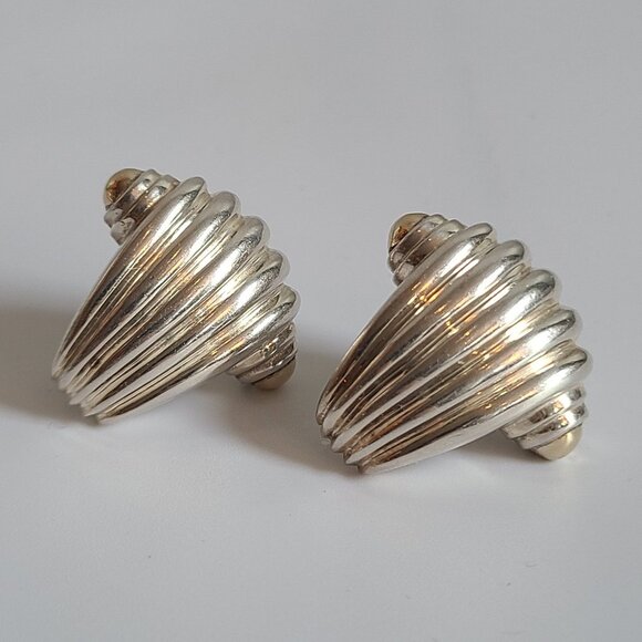 KRYPELL 925 Silver 14K yellow gold, Vintage Two Fluted Shell Omega Earrings 585 - Picture 1 of 9